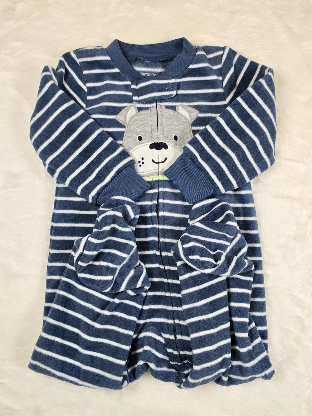 Carter's Navy and White Striped Footed One-Piece Fleece with Bear Patch 9M